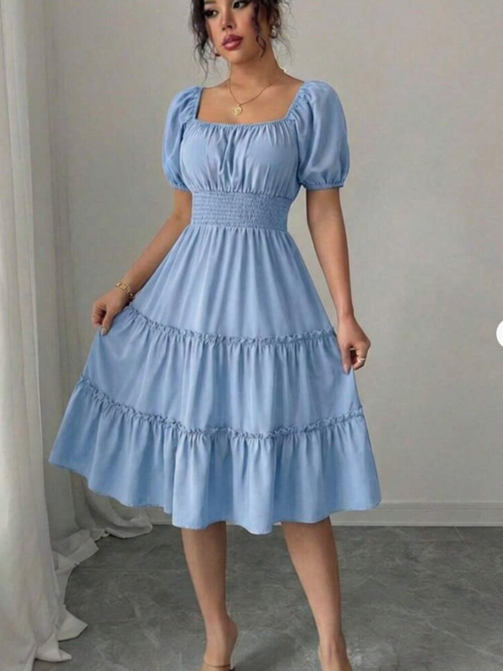 Princess Polly Pale Blue Puff Sleeve Tiered Smocked Top Dress Size 10 Cottagecor
